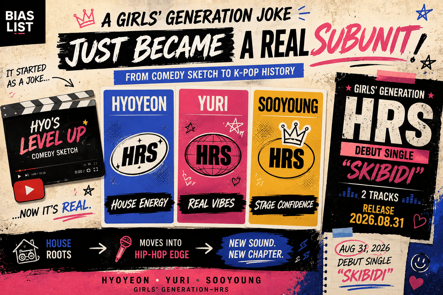 BiasList editorial graphic for Girls’ Generation-HRS featuring Hyoyeon, Yuri and Sooyoung and their debut single “Skibidi.”
