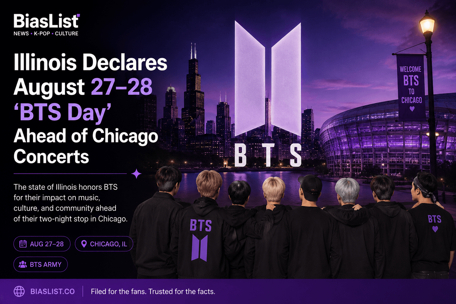 BiasList editorial graphic for Illinois BTS Day ahead of BTS's August 27–28 Chicago concerts.