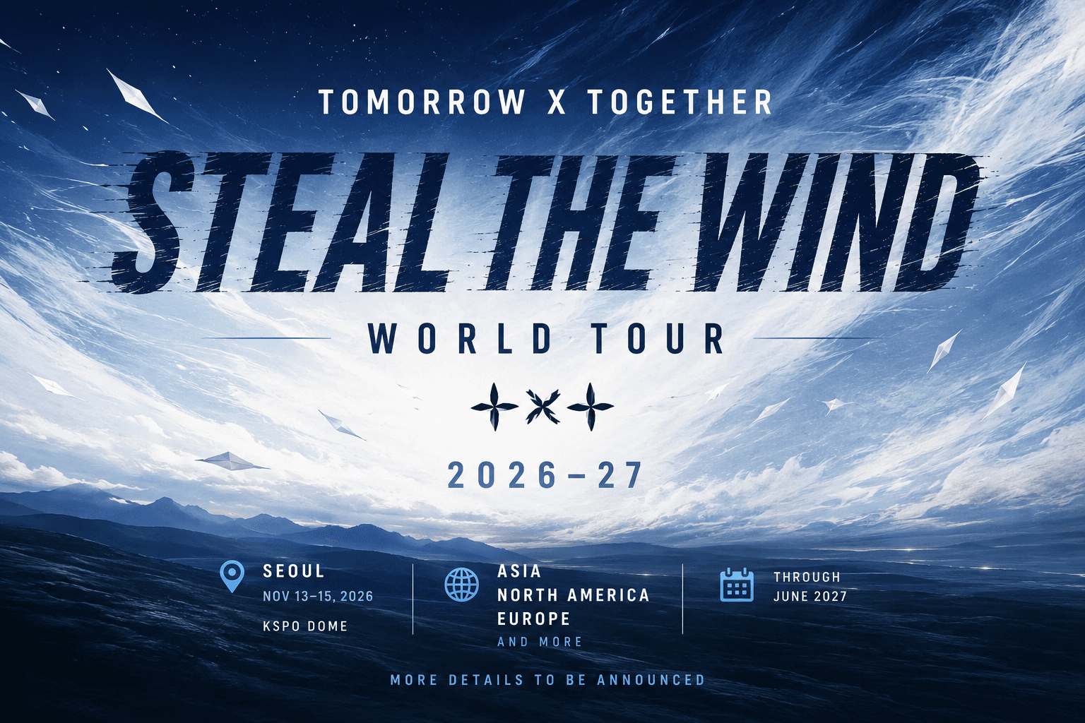 BiasList editorial graphic for TOMORROW X TOGETHER’s 2026–27 STEAL THE WIND world tour.
