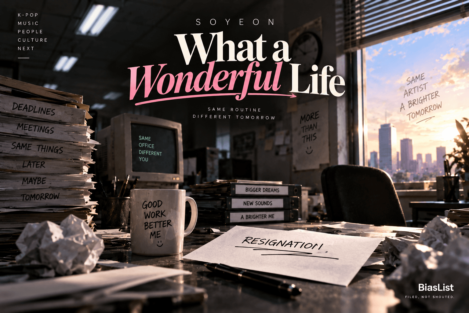 BiasList editorial graphic for SOYEON’s first full-length album What a Wonderful Life.