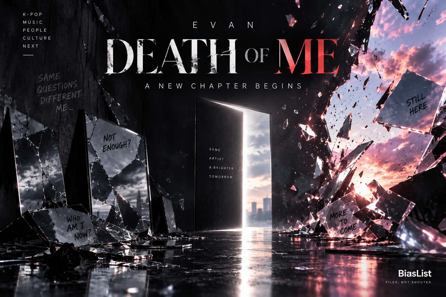 BiasList editorial graphic for EVAN’s first mini album DEATH OF ME.